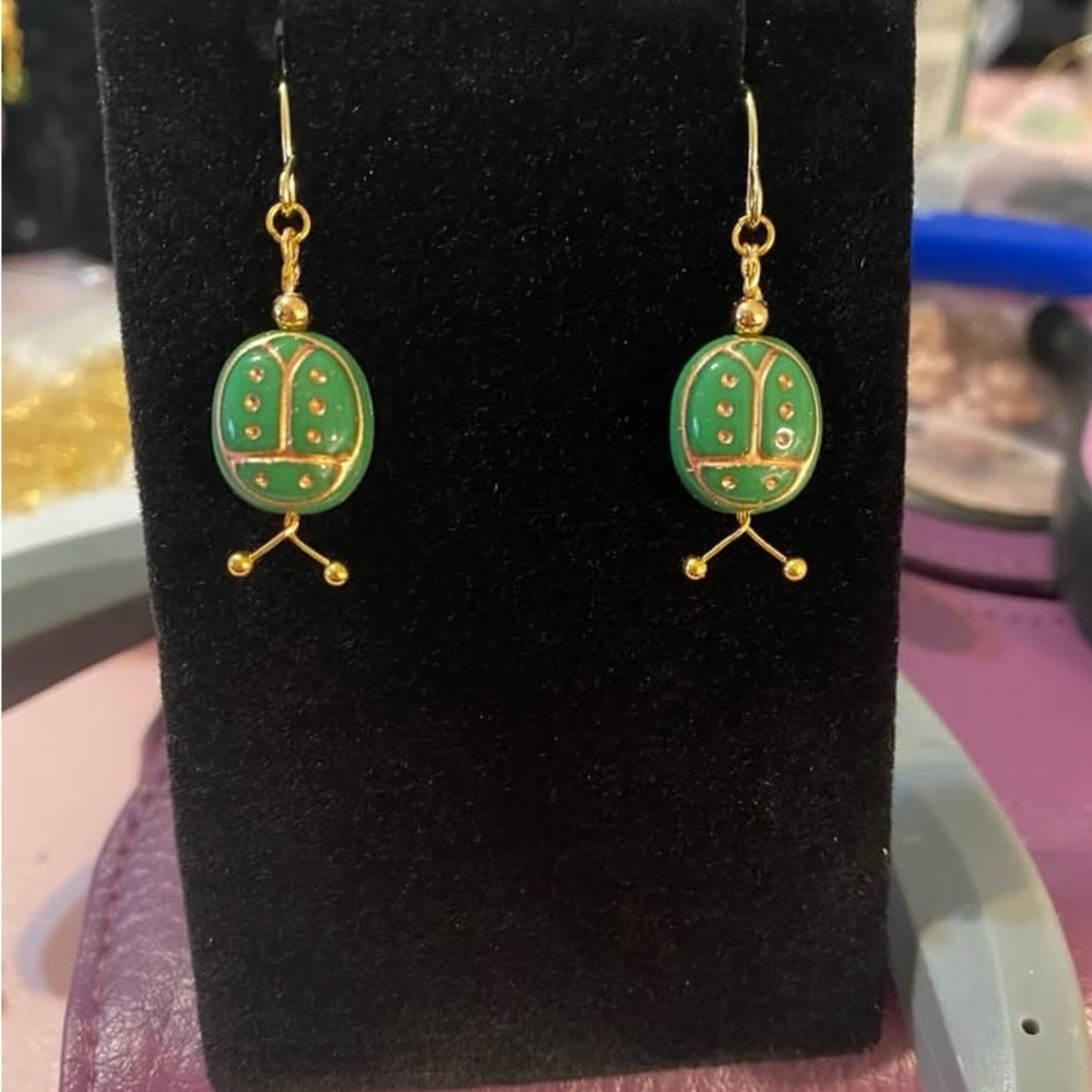 Elegant Green and Gold Beetle Earrings
